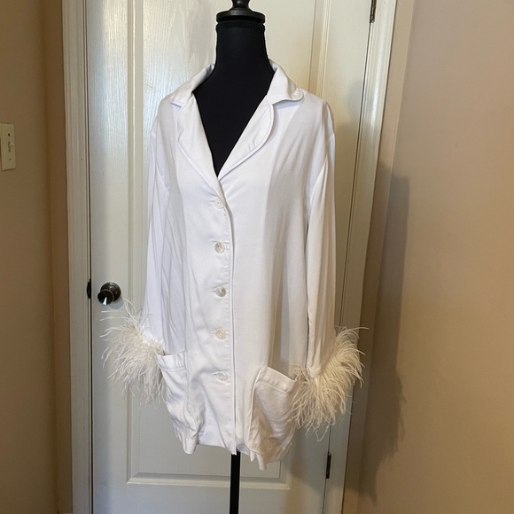 Sleeper Luxury Pajama Top Women’s Size S White Ostrich Feather-Trim Sleepwear - Picture 3 of 10